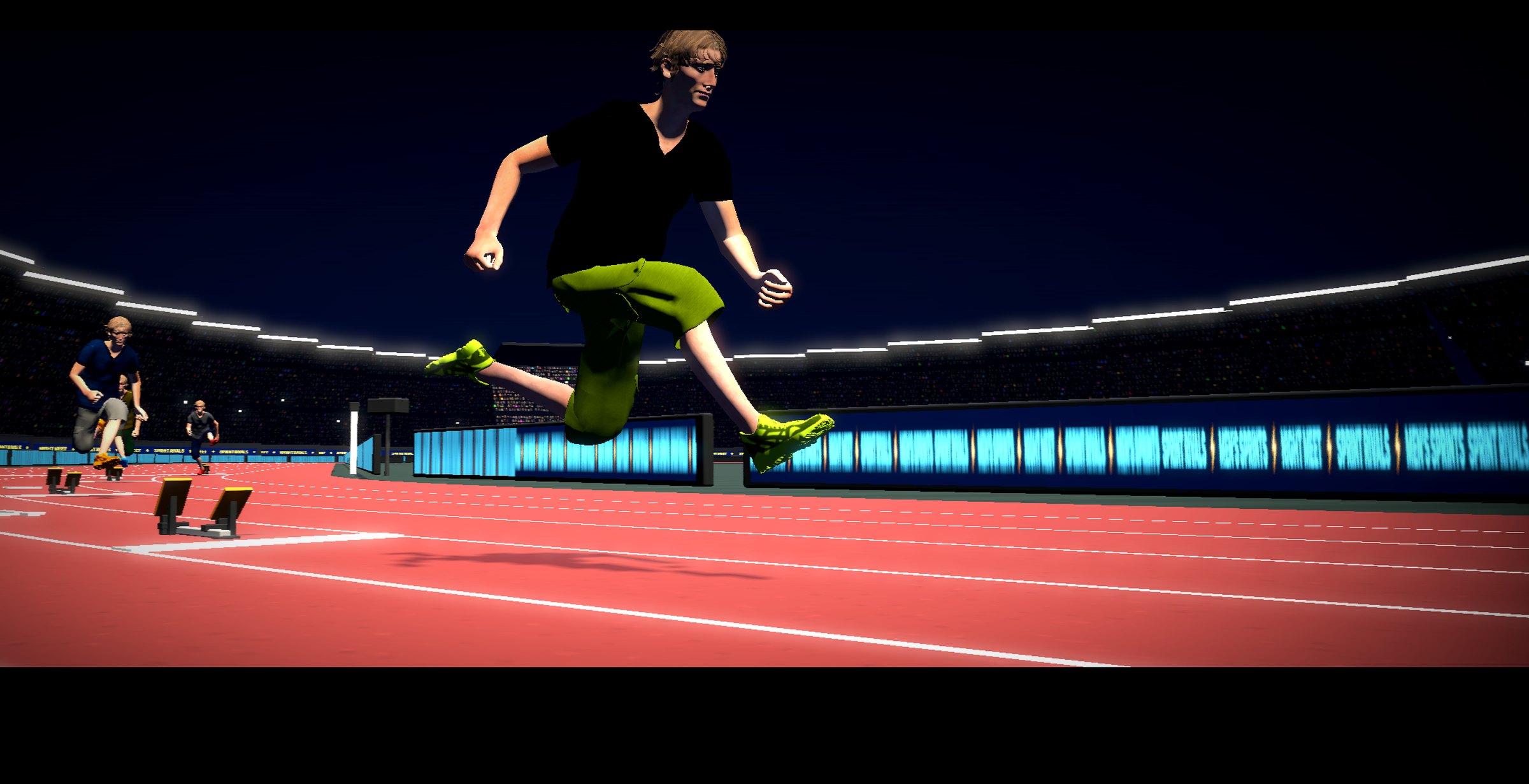 A sprinter at full stride on the floodlit oval in Sprint Rivals.